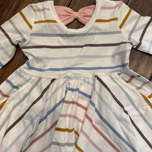 NWOT Loulou Lollipop Tencel Skater Dress Pastel Stripe Pink Bow Back Size 3T - Picture 2 of 5